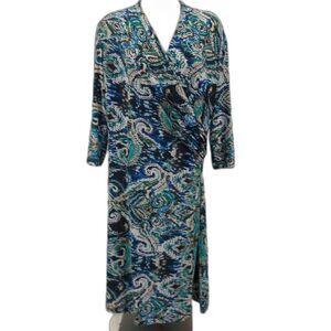 EVAN PICONE Jersey Knit Faux Wrap Dress Womens 12 Blue Geometric‎ Paisley Print1